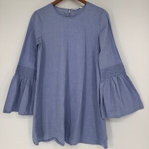 BCBGeneration Blue Cotton Chambray Bell Sleeve Shift Mini Dress Coastal Womens S